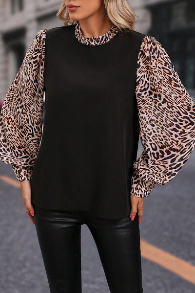 Leopard Mock Neck Lantern Sleeve Blouse