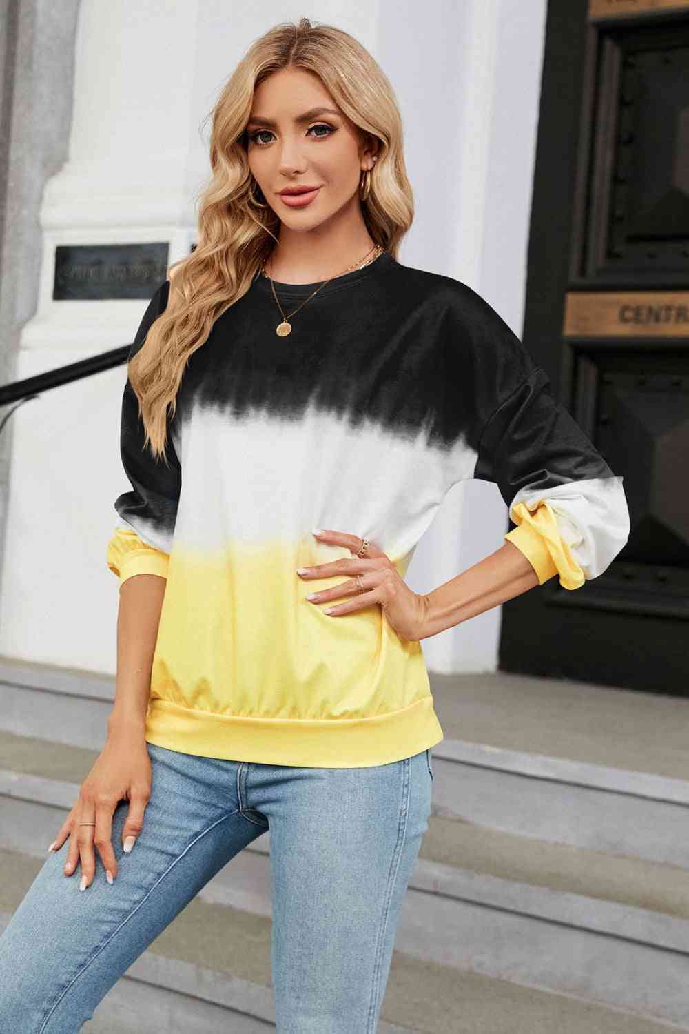 Gradient Round Neck Long Sleeve Sweatshirt Black