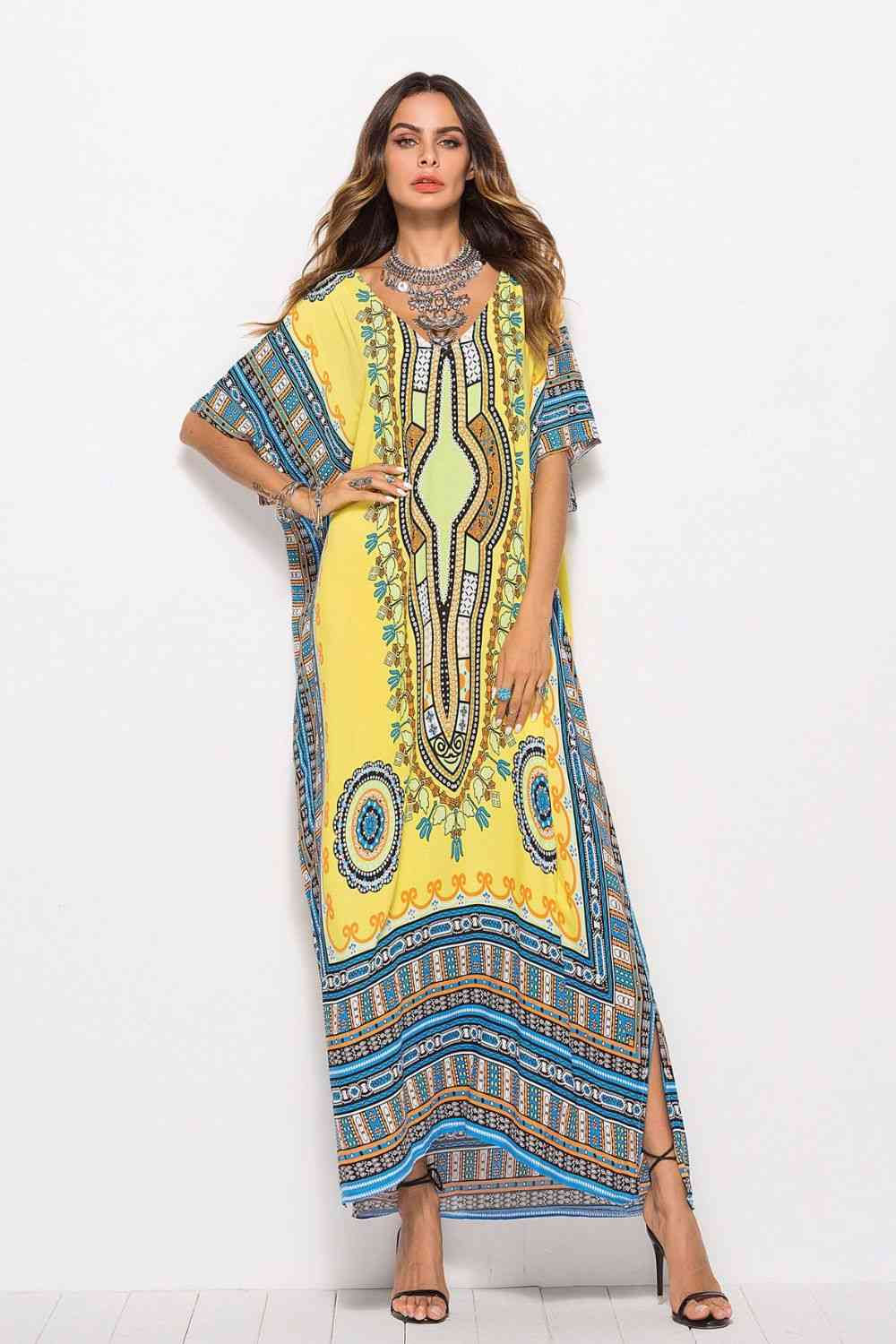 Printed V-Neck Side Slit Maxi Dress Banana Yellow One Size