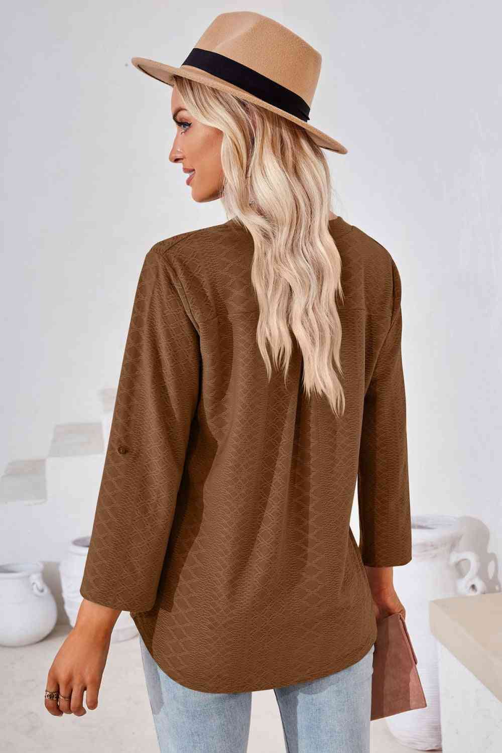 V-Neck Roll-Tap Sleeve Blouse