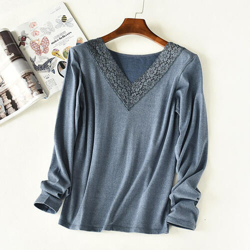 Lace Detail V-Neck Long Sleeve Lounge Top Air Force Blue