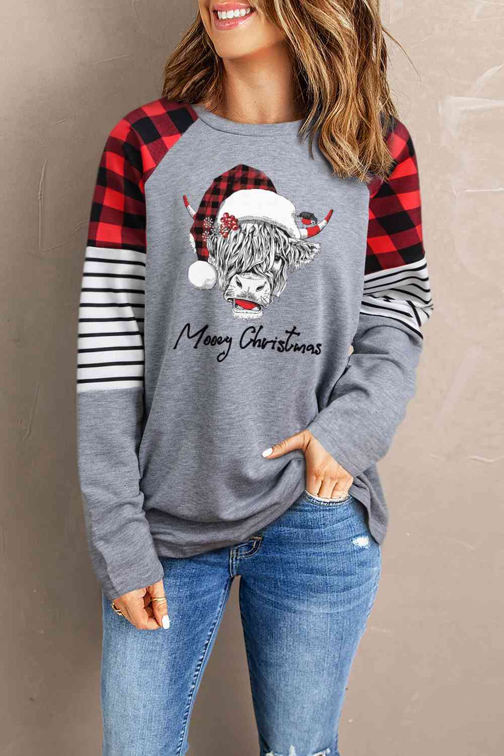 Graphic Plaid Long Sleeve T-Shirt Gray