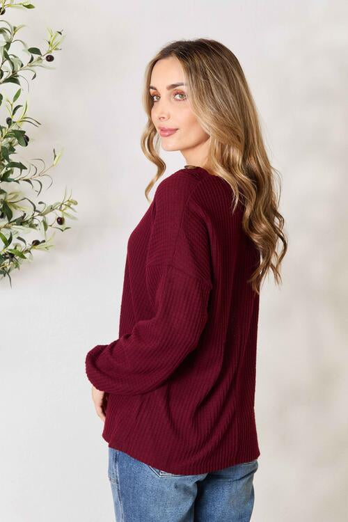 Zenana Buttoned V-Neck Long Sleeve Blouse