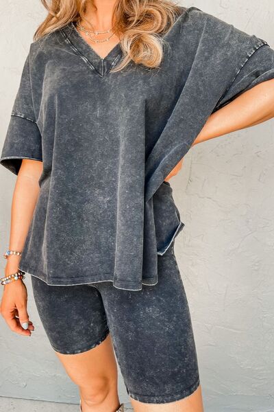 V-Neck Dropped Shoulder Top and Shorts Set Charcoal