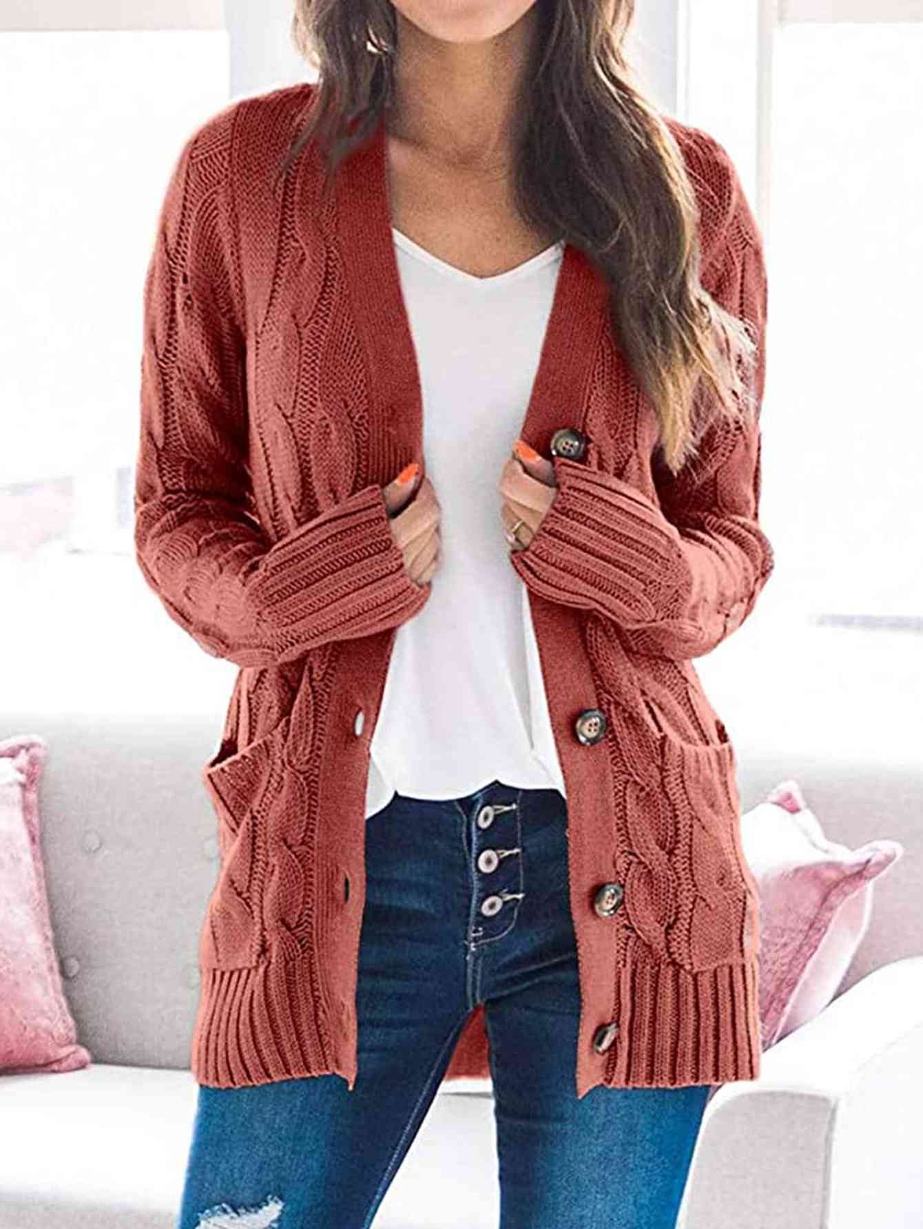 Cable-Knit Buttoned Cardigan with Pockets Brick Red