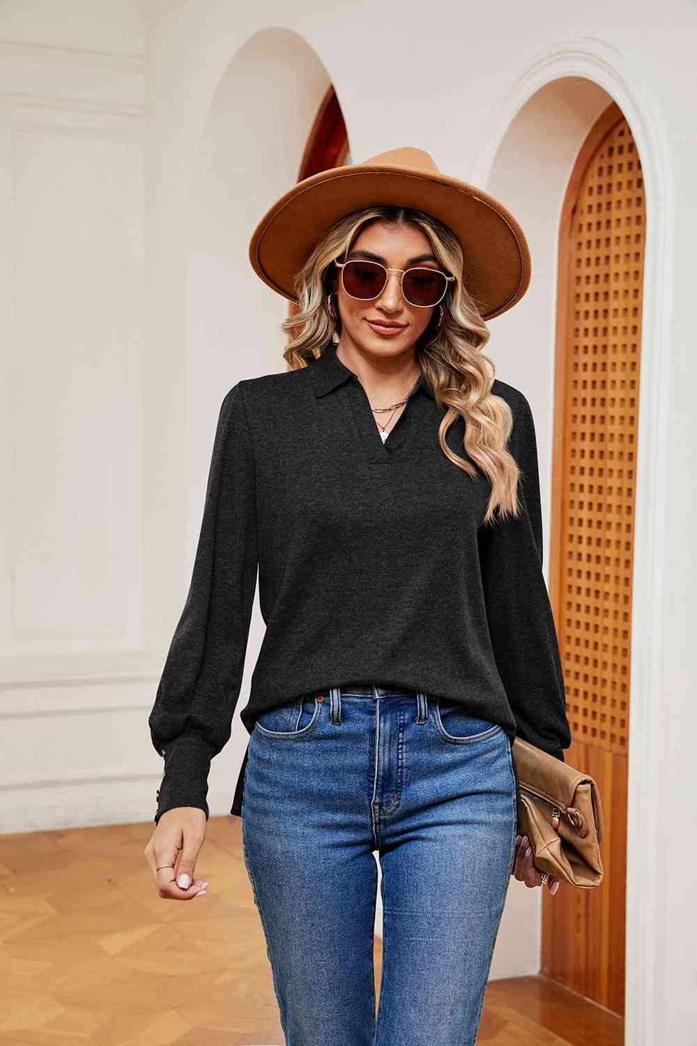 Johnny Collar Long Sleeve Top Black