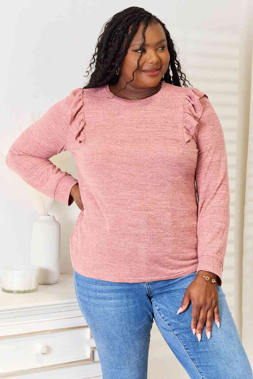 Double Take Ruffle Shoulder Long Sleeve T-Shirt Light Mauve