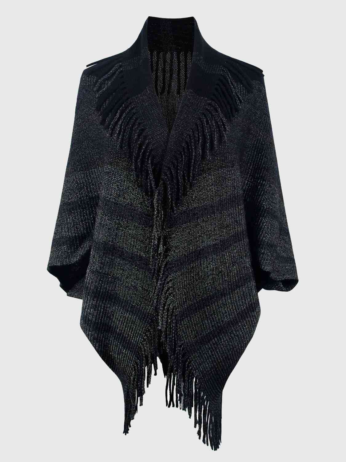 Fringe Detail Open Front Poncho Black One Size