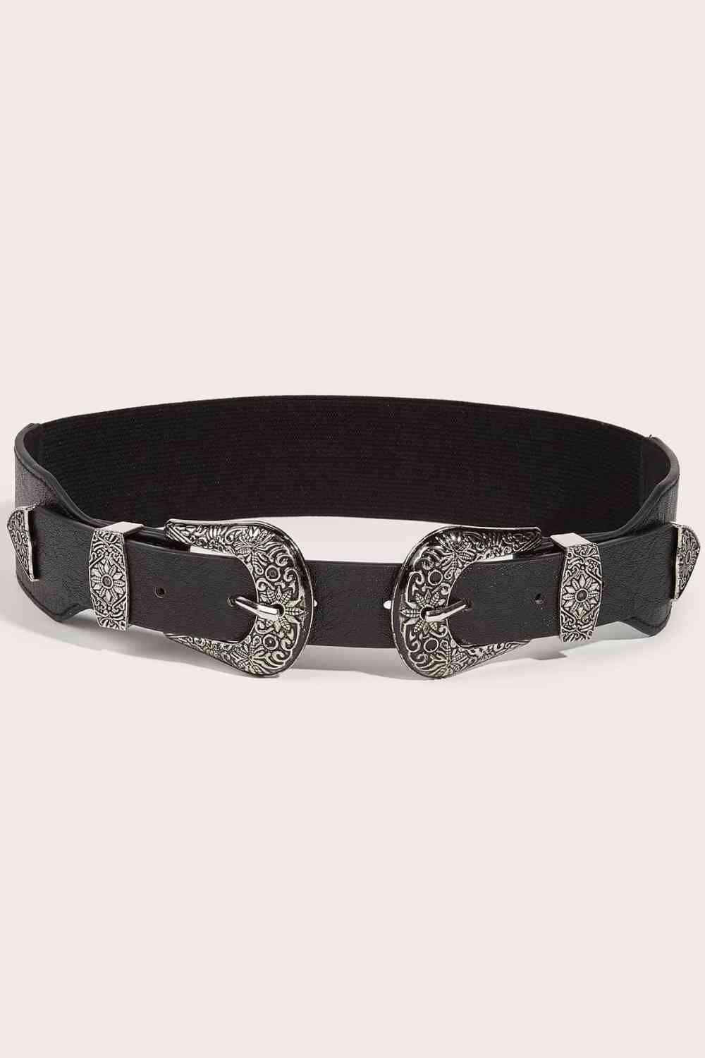 Double Buckle PU Leather Belt Black