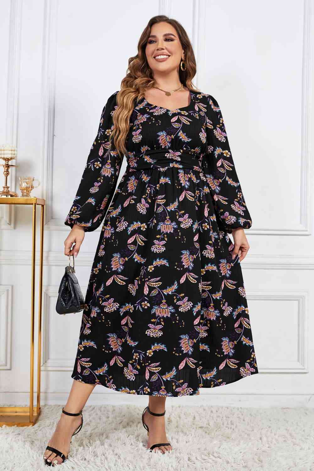 Melo Apparel Plus Size Floral Print Long Sleeve Midi Dress Black