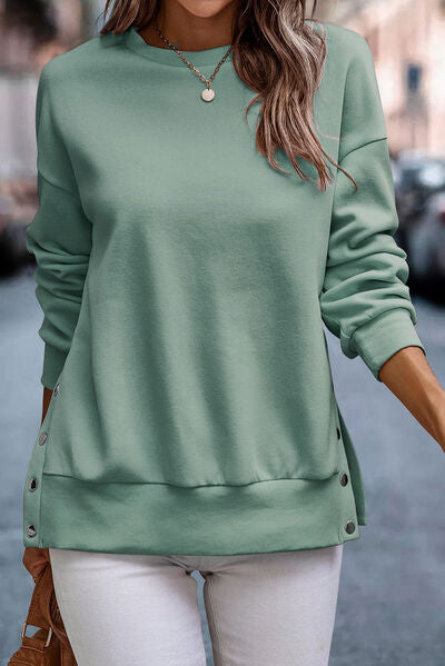 Snap Detail Round Neck Dropped Shoulder Sweatshirt Sage