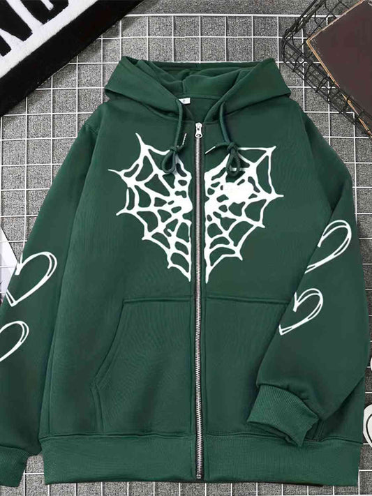 Spiderweb Graphic Drawstring Zip Up Hooded Jacket Green