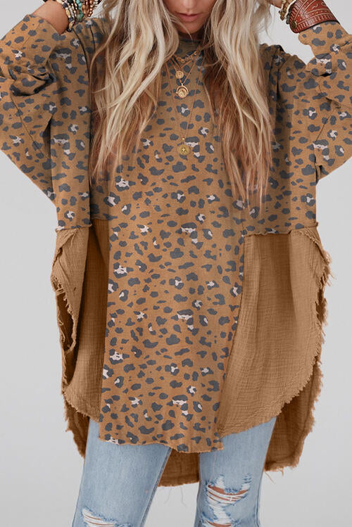 Textured Leopard Dropped Shoulder Blouse Taupe