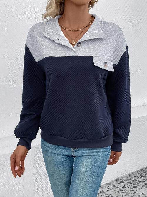 Textured Contrast Half Button Sweatshirt Navy