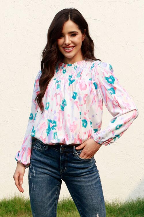 Floral Smocked Balloon Sleeve Round Neck Blouse Multicolor