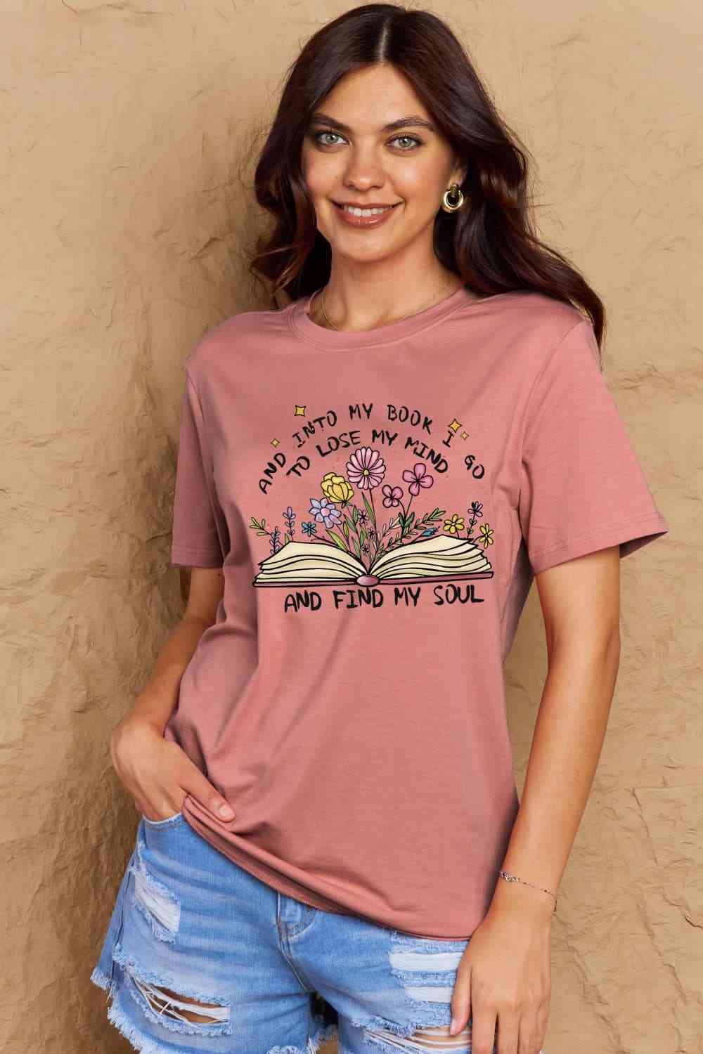 Simply Love Full Size Book & Flower Graphic Cotton Tee Dusty Pink