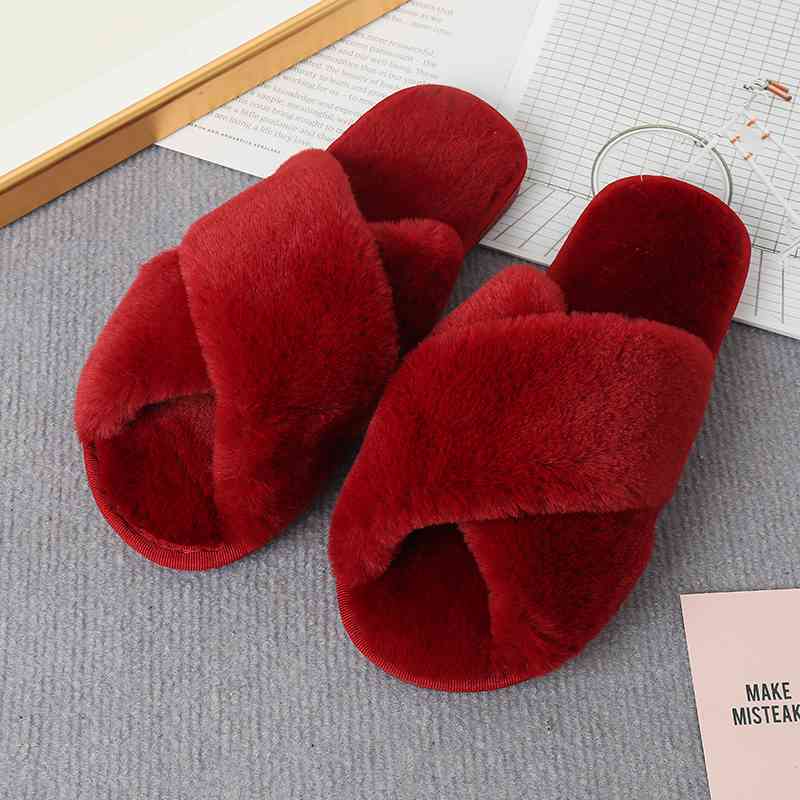 Faux Fur Crisscross Strap Slippers Deep Red