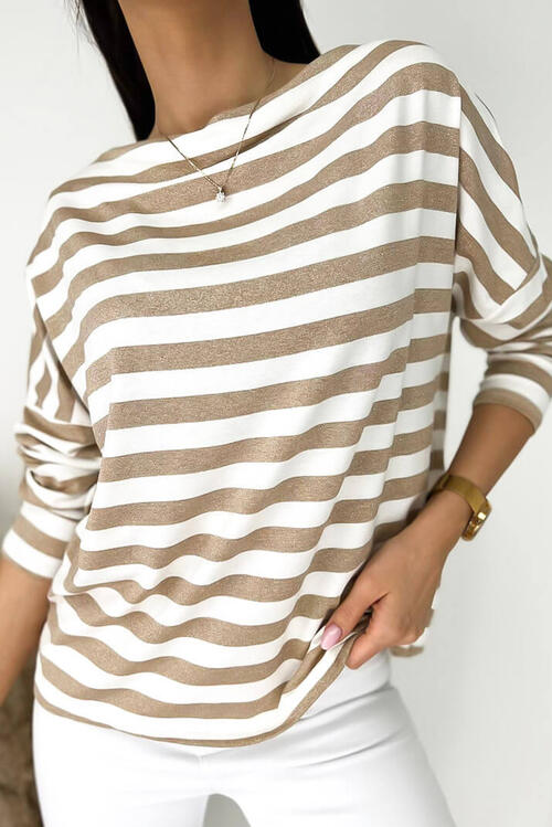 Striped Round Neck Long Sleeve Blouse Stripe