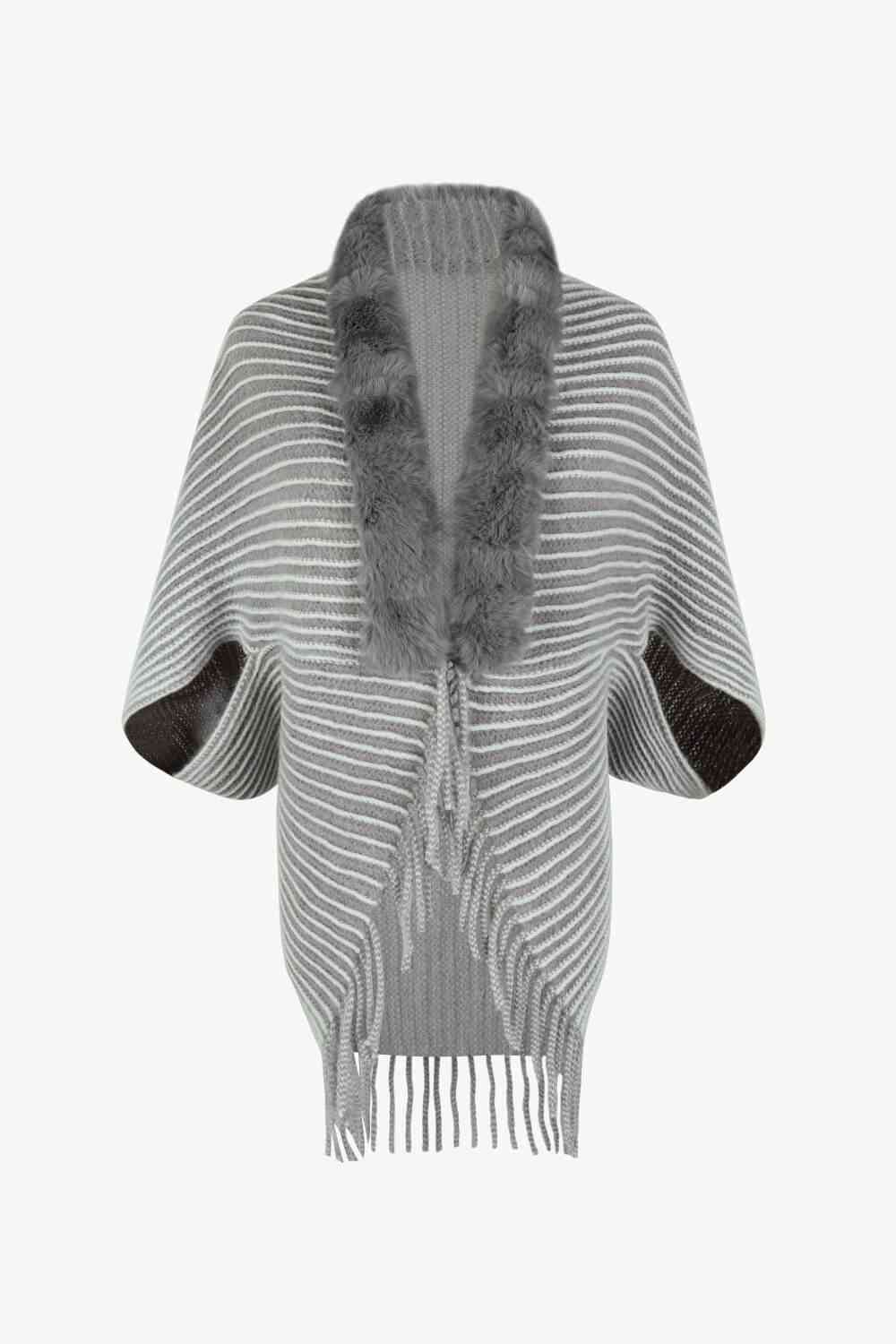 Striped Open Front Fringe Poncho Charcoal One Size