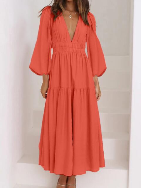 Deep V-Neck Balloon Sleeve Plain Maxi Dress Strawberry