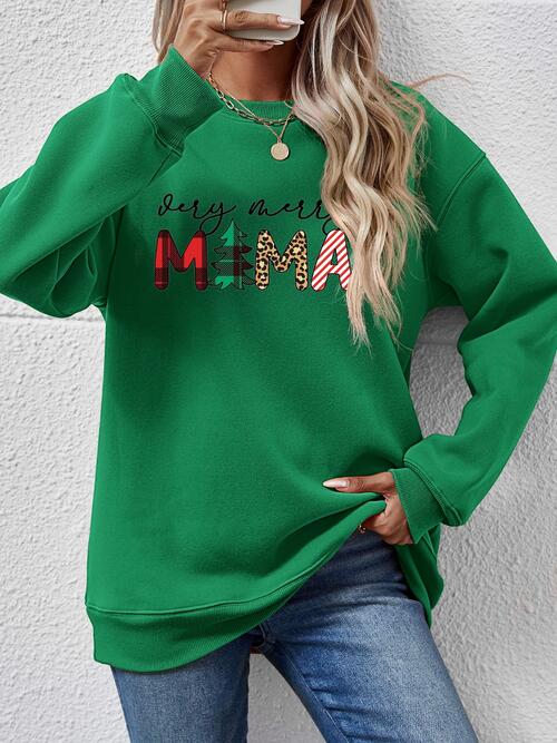 Letter Graphic Round Neck Long Sleeve Sweatshirt Green