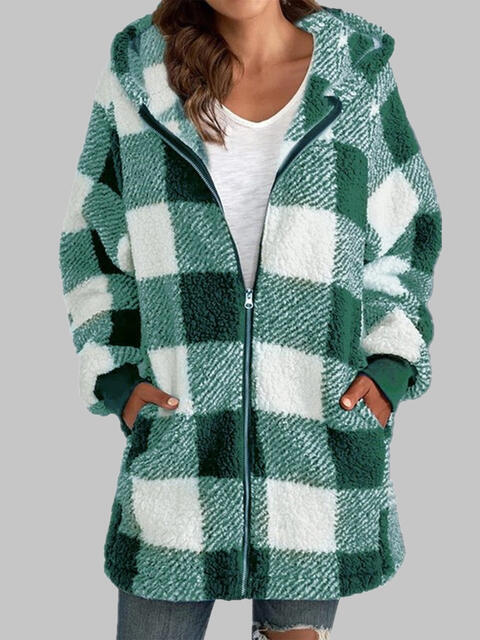 Plaid Zip-Up Hooded Jacket with Pockets Green