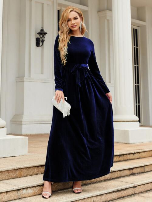 Tie Front Round Neck Long Sleeve Maxi Dress Navy