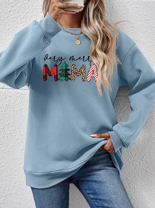 Letter Graphic Round Neck Long Sleeve Sweatshirt Misty Blue