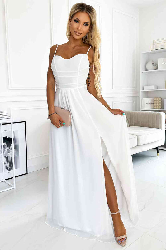 Spaghetti Strap Sweetheart Neck Split Dress White