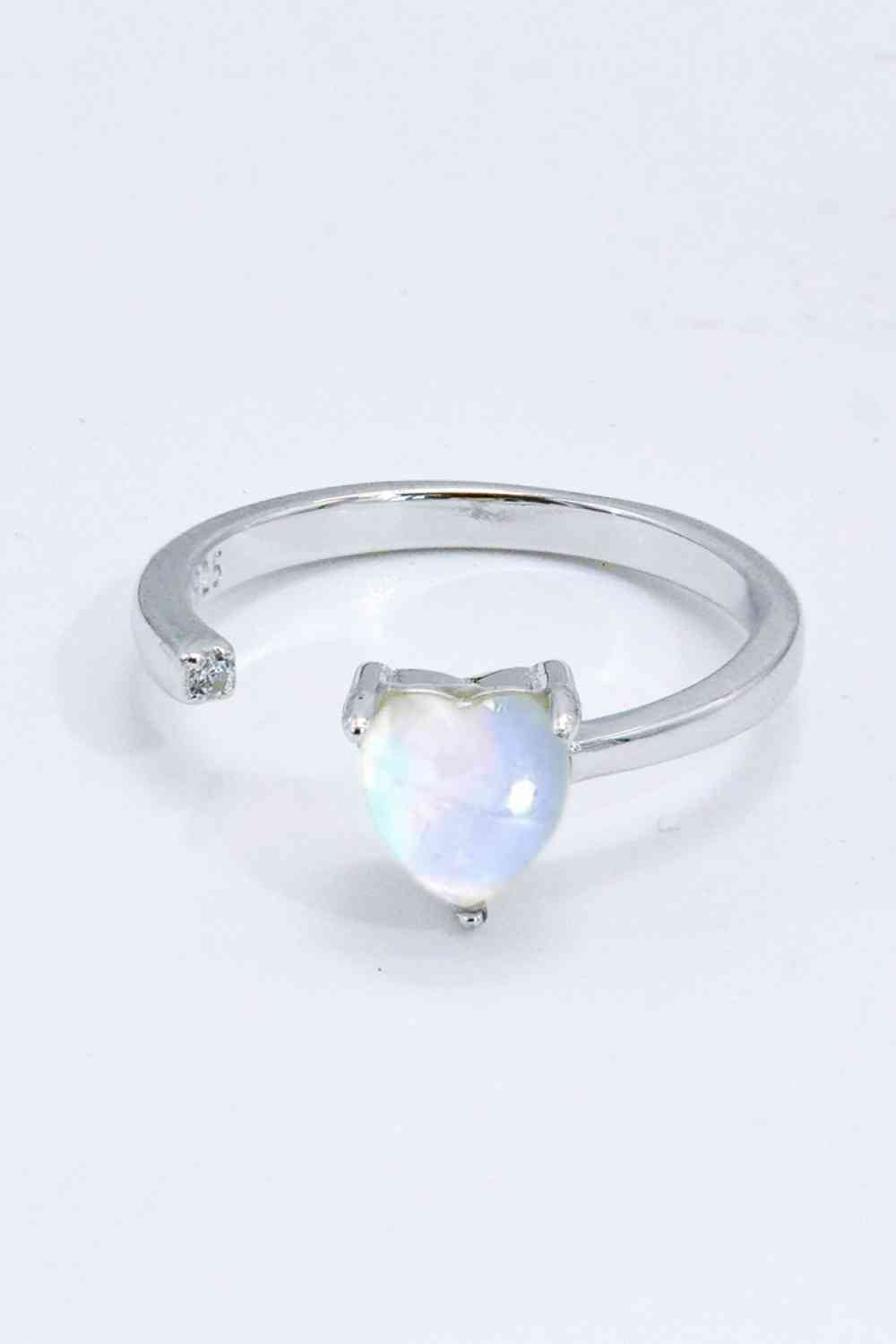 Inlaid Moonstone Heart Adjustable Open Ring Moonstone One Size