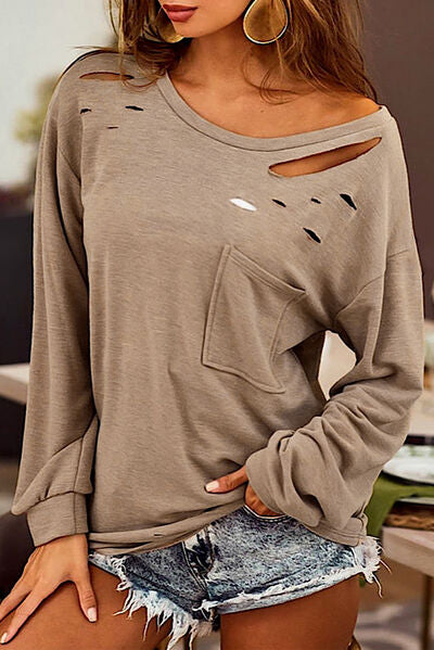Distressed Pocketed Round Neck Long Sleeve T-Shirt Camel
