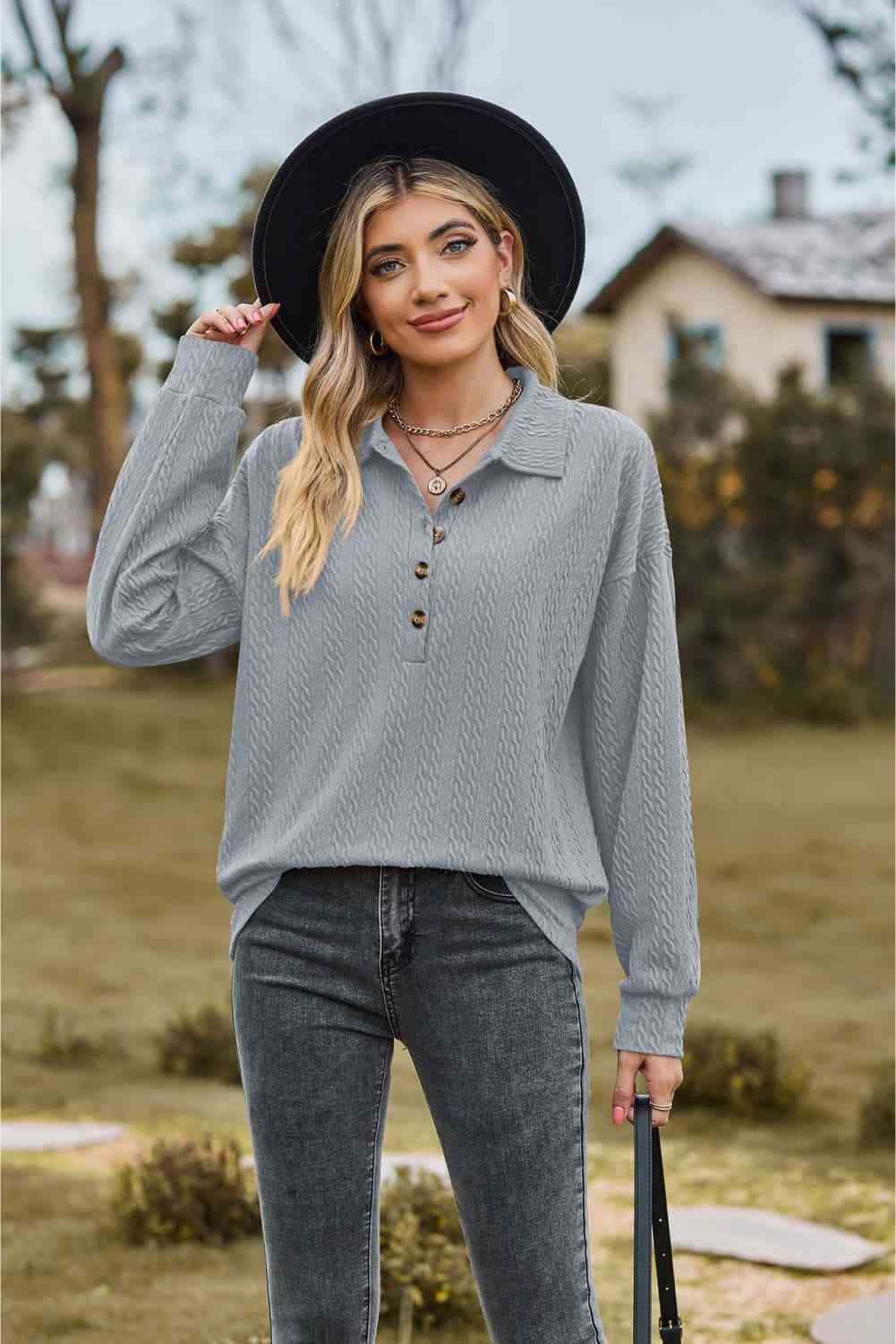 Collared Neck Long Sleeve Blouse Misty Blue