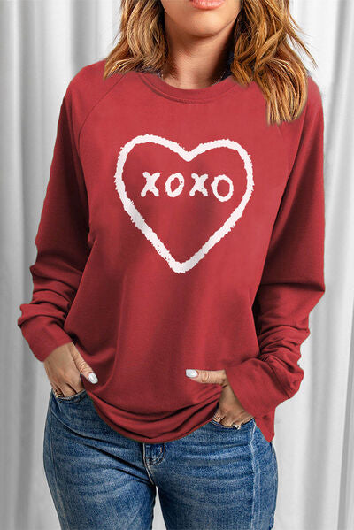 XOXO Heart Round Neck Sweatshirt Deep Red