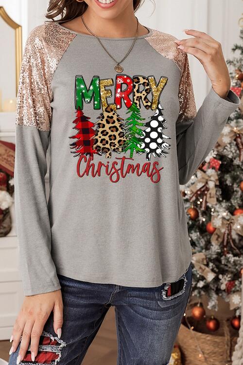 MERRY CHRISTMAS Sequin Round Neck Blouse