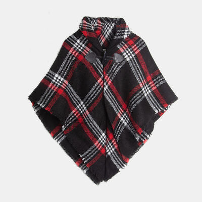 Plaid Horn Buckle Fringe Hem Shawl Black One Size