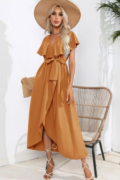 Ruffled Tied V-Neck Midi Dress Ochre