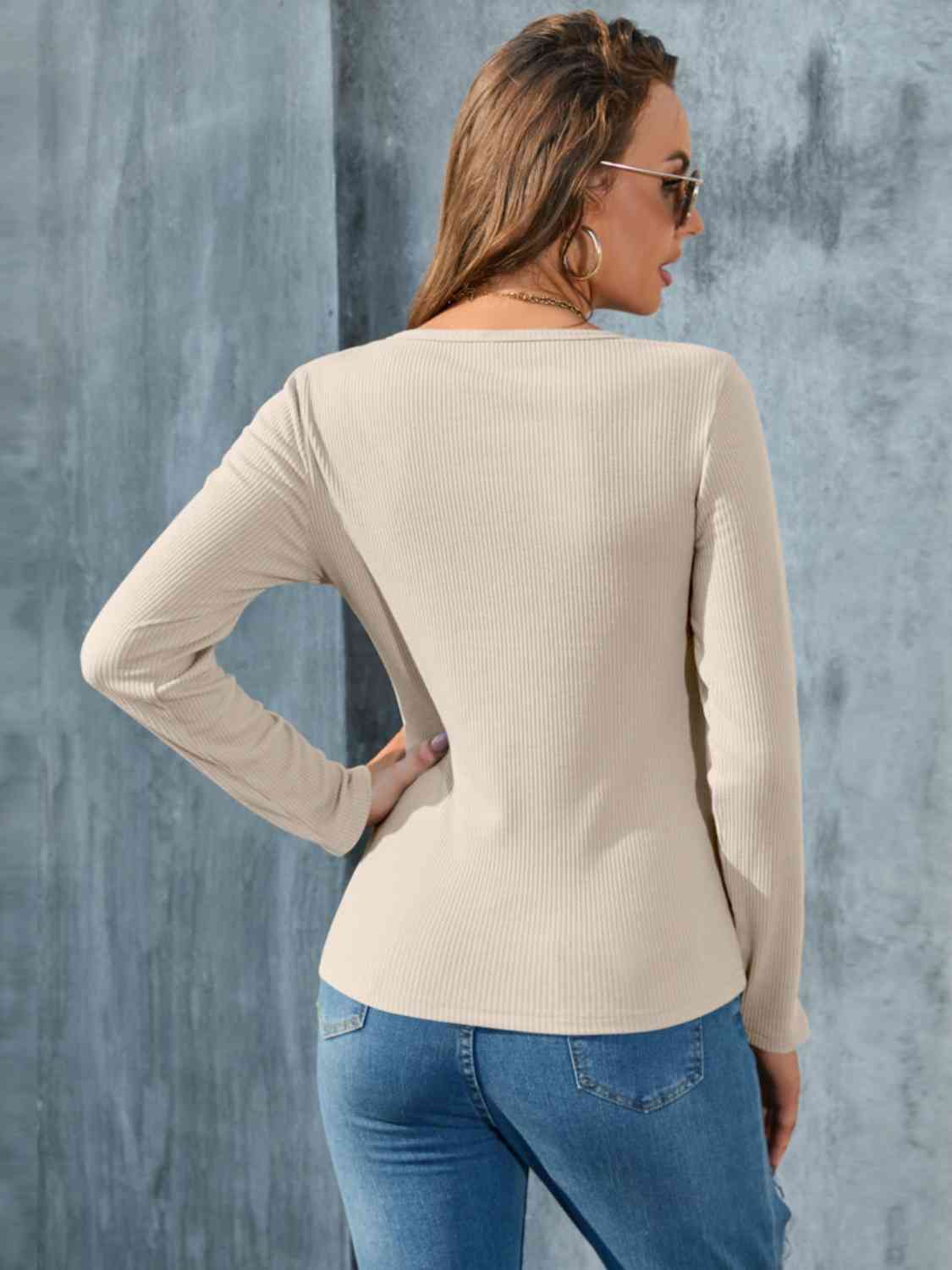 Buttoned Round Neck Long Sleeve T-Shirt