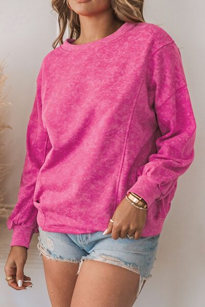 Heathered Round Neck Dropped Shoulder Sweatshirt Hot Pink