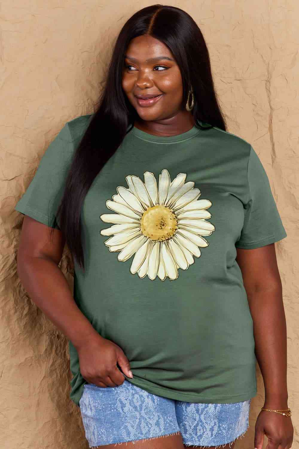 Simply Love Full Size FLOWER Graphic Cotton Tee Green