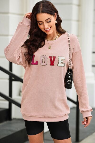 LOVE Round Neck Dropped Shoulder Sweatshirt Dusty Pink