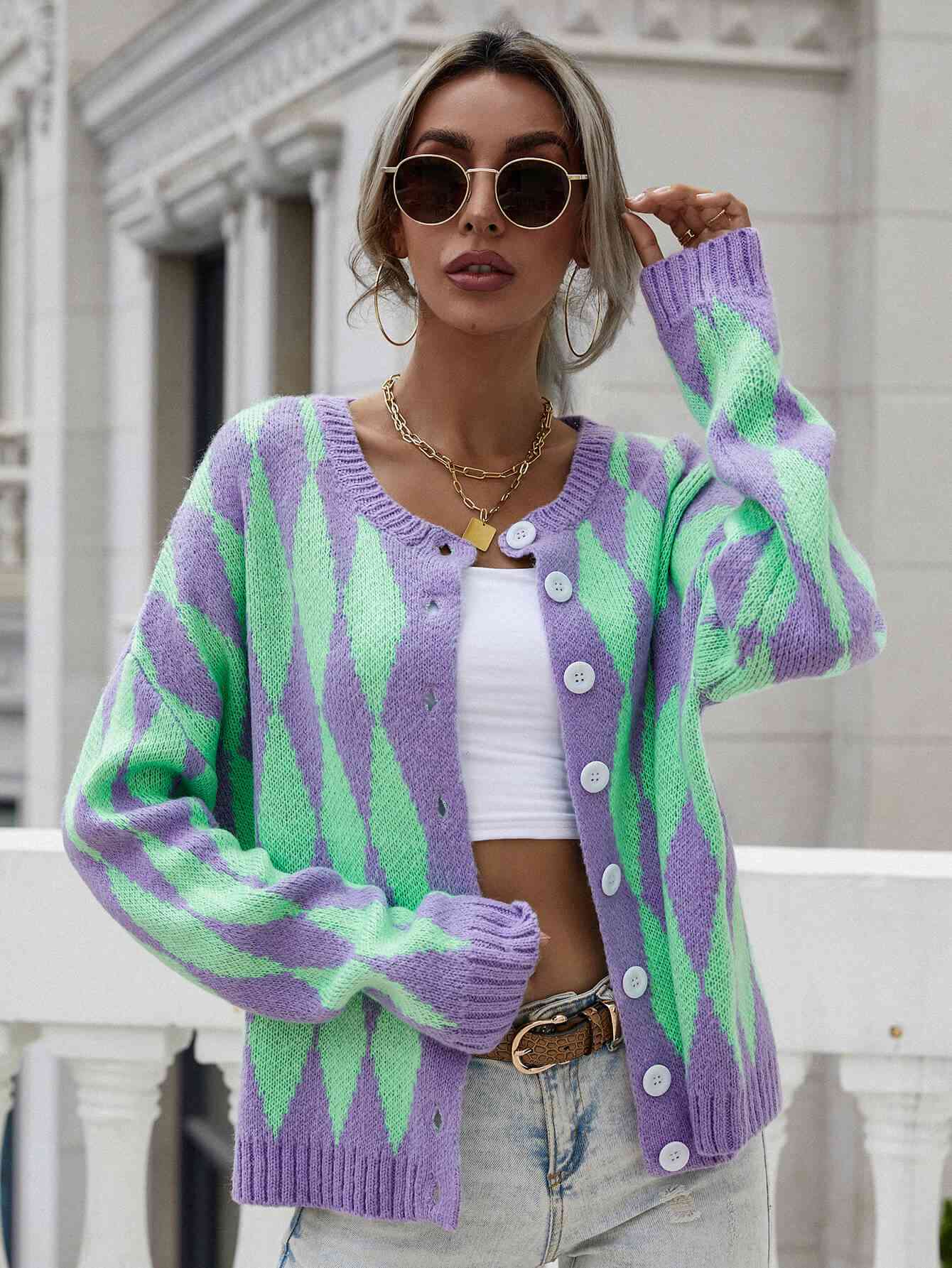 Woven Right Argyle Button Front Drop Shoulder Cardigan Purple/Green