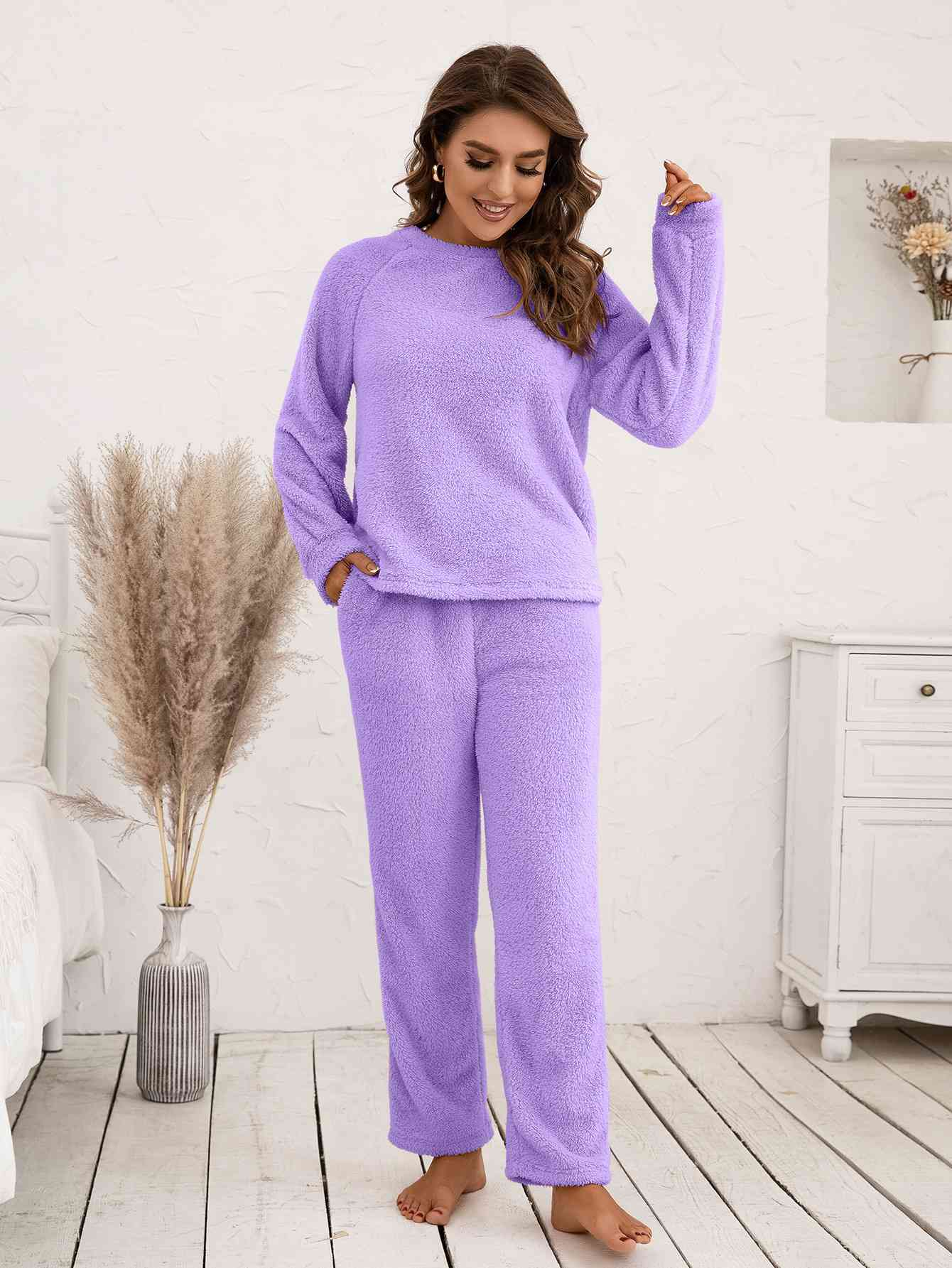 Teddy Long Sleeve Top and Pants Lounge Set Lavender