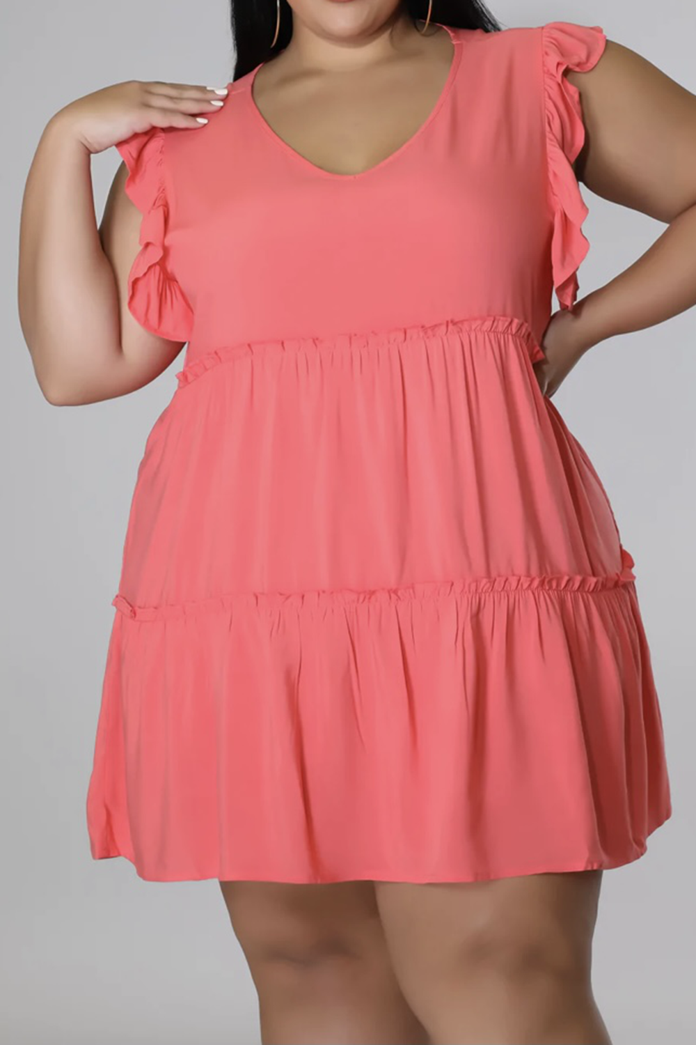 Plus Size V-Neck Frill Trim Mini Dress Coral