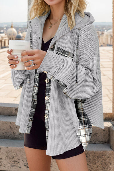 Plaid Waffle-Knit Drawstring Hooded Jacket Heather Gray