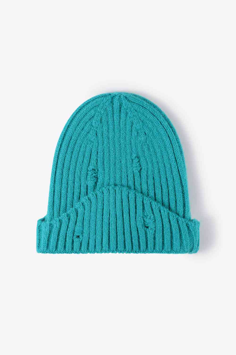 Distressed Rib-Knit Beanie Teal One Size