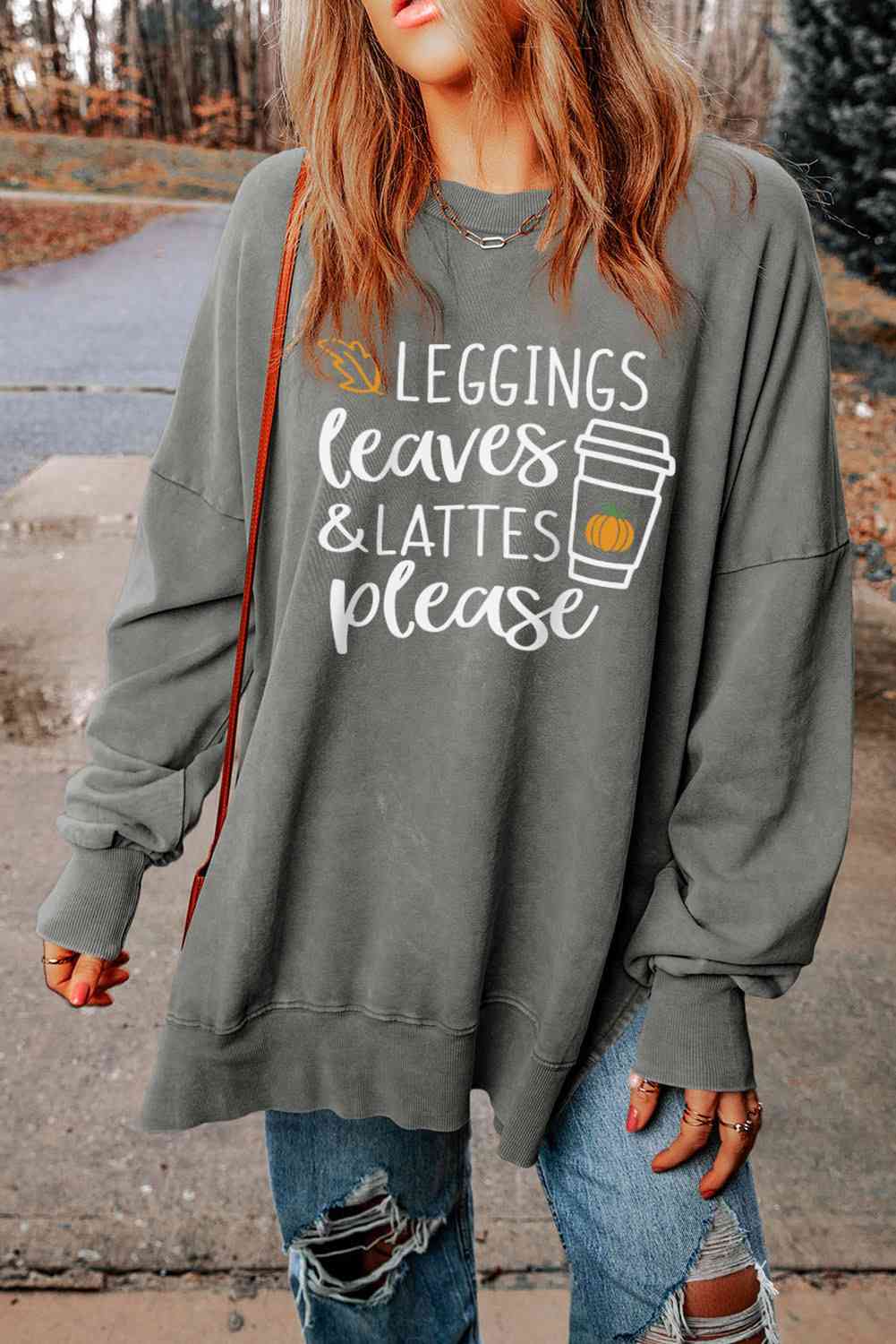 Round Neck Dropped Shoulder LEGGINGS LEAVES LATTES PLEASE Graphic Sweatshirt Charcoal