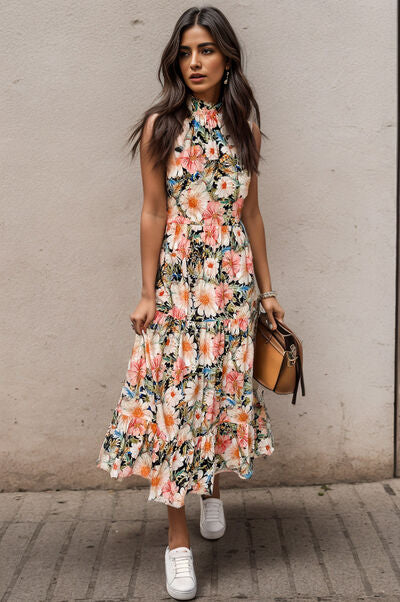 Printed Tiered Pocketed Mock Neck Midi Dress Floral