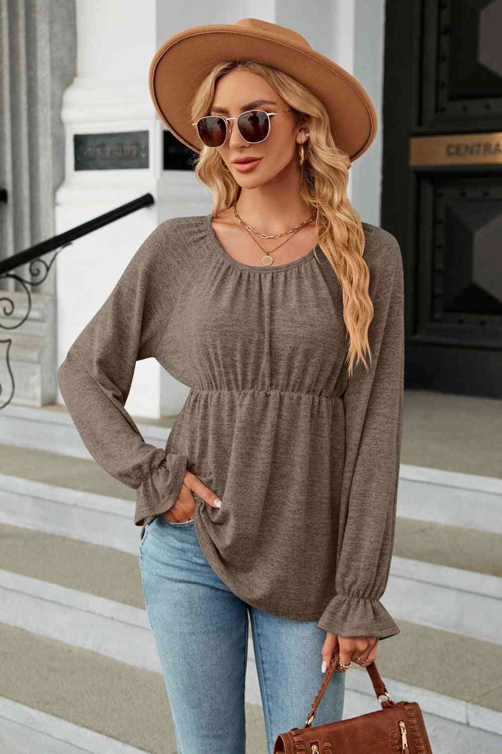 Round Neck Flounce Sleeve Blouse Taupe