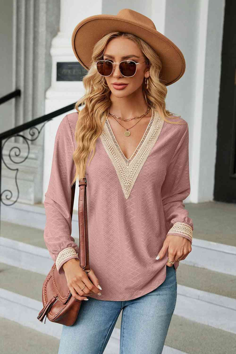 V-Neck Long Sleeve Blouse Dusty Pink