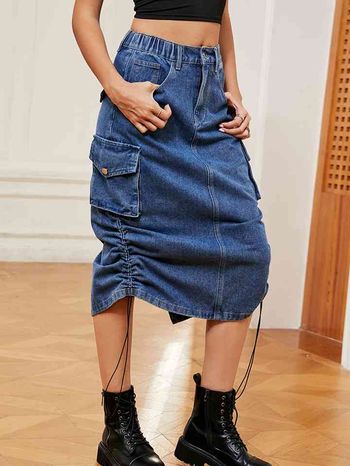 Drawstring Denim Skirt with Pockets Azure